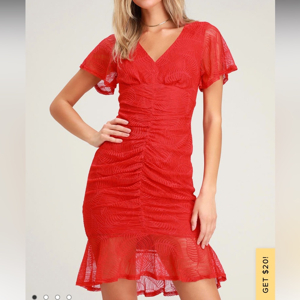 Lulus Harlou Red Lace Ruched Bodycon Dress